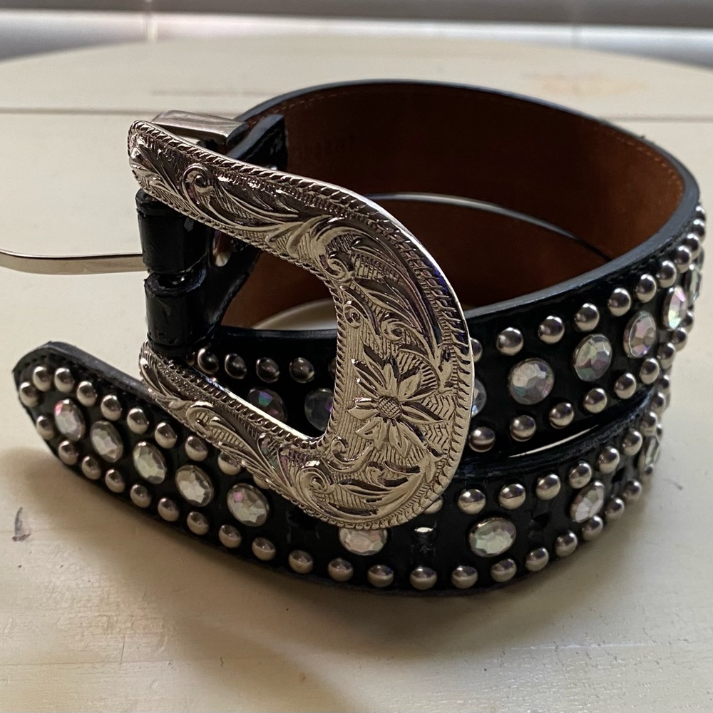 Black leather western belt with rhinestones and silver studs, 3-D brand, 26”